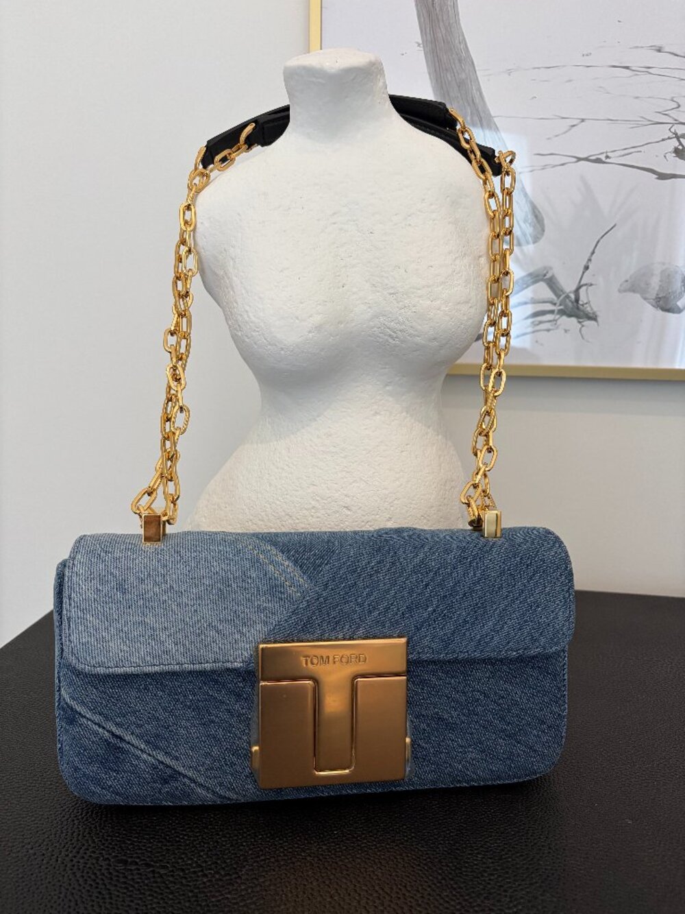 Tom Ford Denim Patchwork T-Clasp Shoulder Bag Gold Chain NWT Authentic Blue